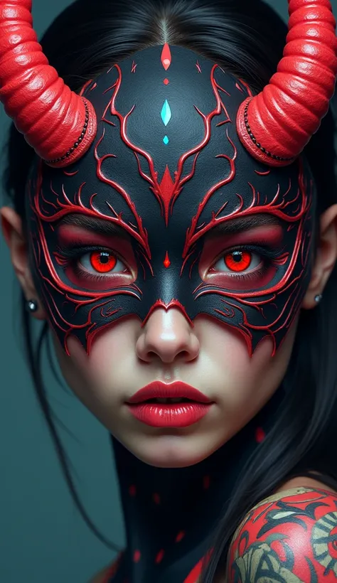 Close-up of a woman with a mask on her head,  half man demon portrait , portrait of demon girl , demon girl ,  Spectacular artwork,  colorful tattoo illustration , красивая  texture art illustration ,  texture art illustration , symmetry!! portrait of akum...