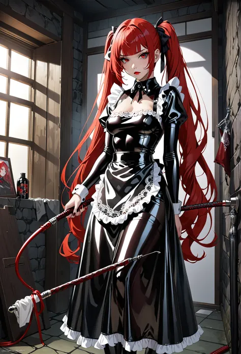  highest image quality, masterpiece fails,  Portrait painting , Japanese,25+,Model, girl of incredible beauty,evil,(( full height)), (( hairstyle two ponytails ,  red hair)), straight brow bangs ,(((  A lace latex apron ))) ,(latex maid outfit ),covers the...