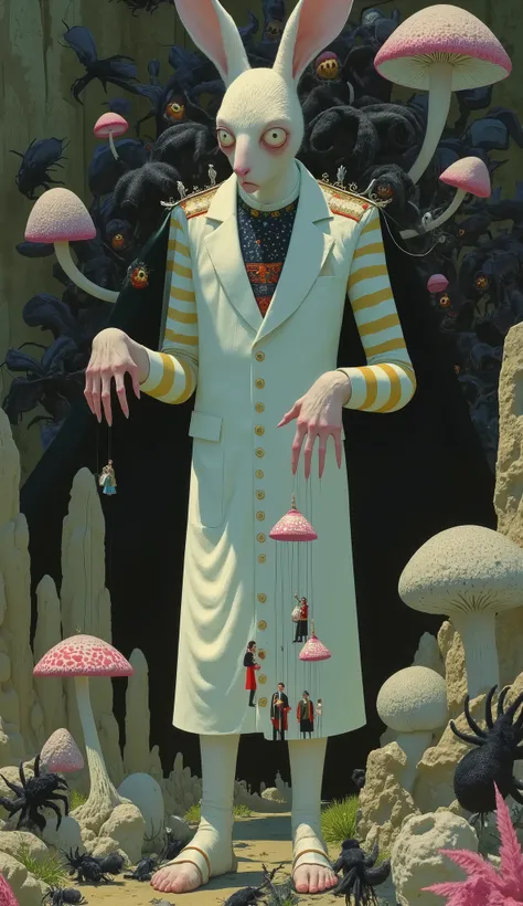 ilustración de un giant rabbit con ojos grandes, wear a tunic, sus dos manos head on con hilos amarrados a sus dedos con los que manipula unas marionetas humanas unidas con hilos a sus extremidades, ( his body and clothes are the stage and a theater curtai...