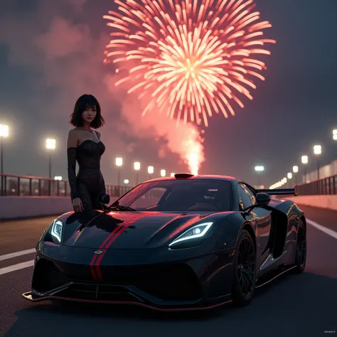 On a racetrack with fireworks in the background, a black sports car is parked, and a beautiful and sexy Korean woman with medium-short hair stands next to it, smiling, wearing a sexy outfit.