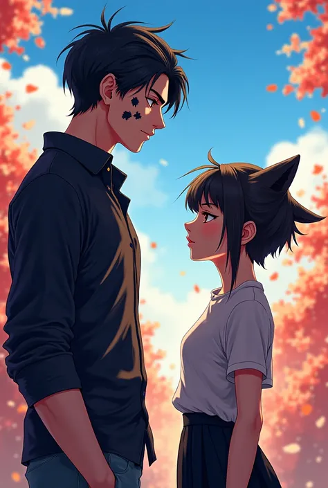  A tall 185cm tall man with black spots on his cheeks and has a halved hairstyle,  then a 150cm woman with wolfcut hairstyle . Use anime art style 