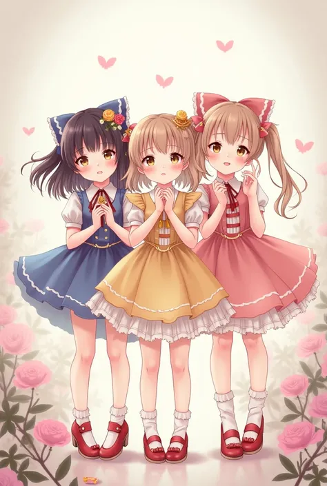  3 separate girls with 3 different sets of clothes,  the cutest and cutest clothes you can create , feminine and let them see on the screen ,  NOT FROM THE SIDE , head on,  they are small with   ,  they are dressed in a tender and cute way,  kawaii the clo...