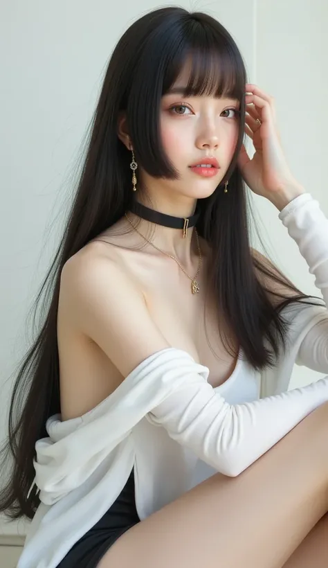 16K quality， ultra-realistic style ，Photographing the side of a woman，over the knee white socks，Himekiri hairstyle ， Full Body Photo ，黑色Himekiri hairstyle ， white over-the-knee socks， Black Heels ， A woman wearing a stylish off-the-shoulder white dress，A w...