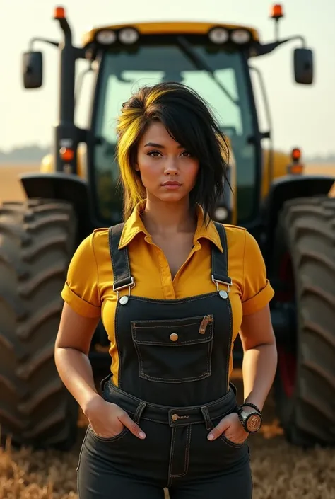  A beautiful young woman standing in front of a tractor with a black and yellow background., huge boobs SFW, stripped black hair in a beak , japanesse  Farmer ,  big breasts,  big breasts!!,  Farmer ,  wearing farmers clothing , her tit, in a field, on a f...