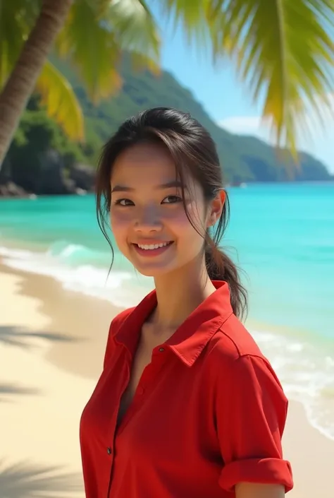 Indonesian chick wears red shirt on sea beach