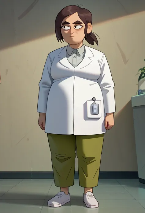 reaganij(big fat body), 1girl, short ponytail, solo, brown hair, labcoat, grey shirt,white footwear, green pants,(Perfect anatomy of an obese female body), (clothes that fit your big, fat body size).