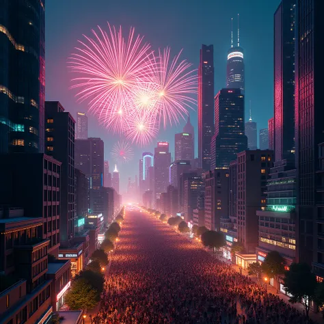 In city the atmosphere is celebrating the New Year with fireworks. Photographed from a high angle.Resolution 4K