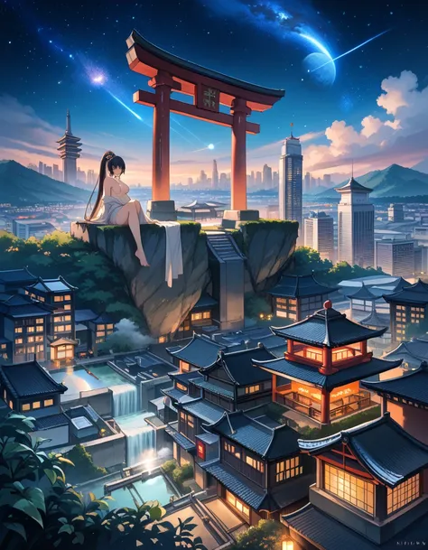 Masterpiece, best quality, ultra detailed,1 girl,(glare: 0.9),, open wet,, nudity, sex, girl on top, from behind, look at viewer, blush, sweat, background is altar of sacrifice, big temple, ancient japanese palace, a lot of torii gates, inside a large buil...