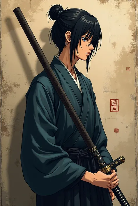 a close up of a person holding a sword in front of a wall, a picture inspired by Itō Ogura Yonesuke, trending on pixiv, shin hanga, eiichiro oda style, style of eiichiro oda, as an anime character, kentaro miura manga style, kentaro miura style, full body ...