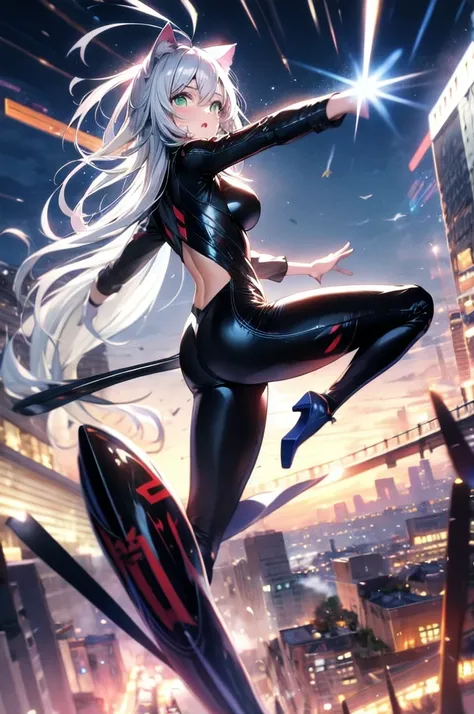 A beautiful girl with silver cat ears, green eyes, silver hair, long hair, black and white battle suit that fits her body perfectly, the background is the night city, the age is 14, dark night, sweat, steam from exhalation, dynamic angles, dynamic action p...