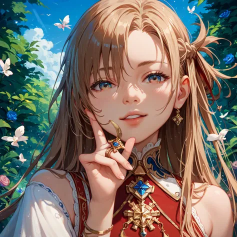 (( top quality )), ((masterpiece)), ( Details), （perfect face）、The bright brown-haired Yuki Asuna holding a black African young daughter is wearing an engagement ring