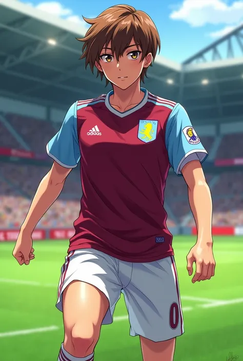 Make a brown-haired soccer player with the Aston Villa anime style soccer jersey