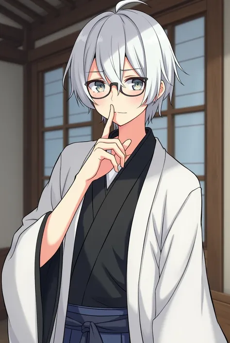 A WHITE-HAIRED MALE ANIME WEARING A BLACK-CUT WHITE KIMONO WITH LONG SLEEVES, GRAY EYES, ABOUT 20 TO 30 YEARS OLD, WEARING GLASSES, MAKING A DARK FACE, HOLDING A BLOW WITH HIS LEFT HAND, IN A JAPANESE-STYLE HOUSE.