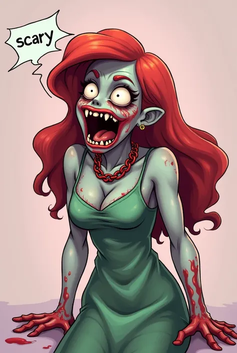 The image is a digital illustration of a zombie-like creature with long red hair and sharp teeth (exactly looks like Ariel). 
The creature appears to be in a state of panic or fear, with its mouth wide open and its eyes wide open, 
as if it is screaming or...