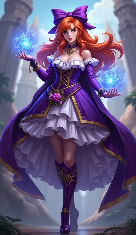 A full body view of Ms. Violet Guinevere from Mobile Legends. She has long fiery orange hair styled in intricate waves, adorned with big purple hair bow on the back of her hair. She wears a flower inspired purple tiara with golden lining. ((She wears a fri...