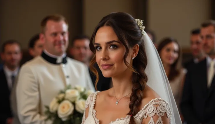 In a wedding chapel, a brunette in her 40s with french braids wears a stunning white floral lace wedding dress, turns her head to gaze sanguinely at the viewer, her eyes alive with gratitude and desire, her lips parted, an out of focus priest looks at the ...