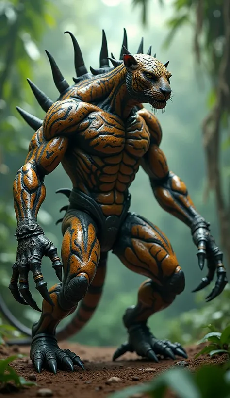 A monstrous humanoid hybrid of a jaguar and a scorpion standing poised in the jungle, muscular build with jaguar’s spots blending into the scorpion’s armored exoskeleton, sharp claws and venomous stinger, dynamic pose with intense gaze, lush jungle scenery...