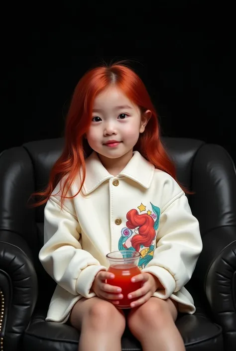 korean baby girl wearing a white plain jacket with a print of Ariel 2025 and red long hair set on a black royal single sofa chair holding a glass of juice with a black background with Big background of year 2025