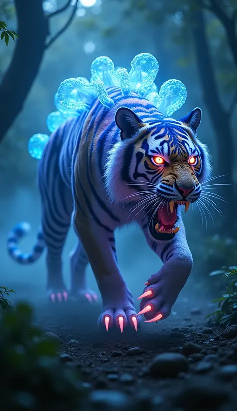 A cinematic depiction of a hybrid creature that merges the predatory power of a tiger with the ethereal elegance of a jellyfish. The hybrid prowls through the misty jungle clearing, its muscular tiger-like body shimmering with a semi-translucent, biolumine...