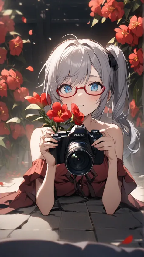 1 girl,  Grey Hair,   blue eyes, side ponytail, red rimmed glasses、Hold the camera、prone、A flower in front of me、miniskirt、後ろ姿, 