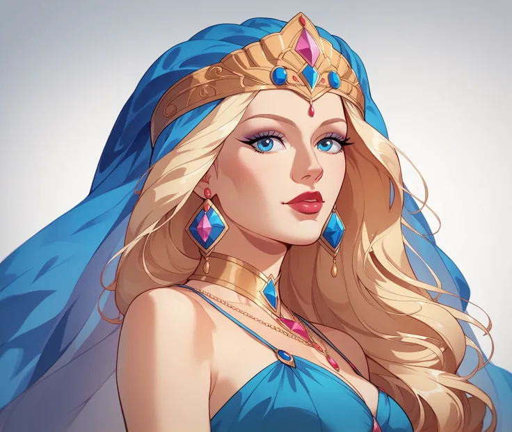  Blond-haired woman wearing blue dress and veil over her head.,  beautiful fantasy maiden , arte detallado de fantasía , beautiful fantastic art , High resolution,  masterpiece,  The best quality , 