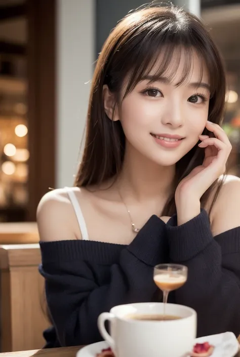  Inhaling Eyes , cute double ,  Mysterious Woman Drinking Coffee at a Cafe , Cafe latte, A floral and gentle perfume, small animals, Inward-curling long hair, Discerning Bangs , Freshly washed hair , First Date, Talented , Kind personality,  Extremely Deta...