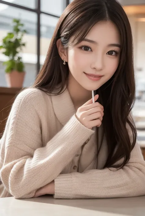  Inhaling Eyes , cute double ,  Mysterious Woman Drinking Coffee at a Cafe , Cafe latte, A floral and gentle perfume, small animals, Inward-curling long hair, Discerning Bangs , Freshly washed hair , First Date, Talented , Kind personality,  Extremely Deta...