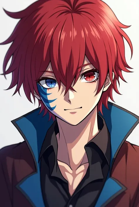 anime character with red hair and blue and white stripes on his face, portrait of hisoka hunter hunter, hisoka, ichigo kurosaki, joker looks like naruto, joker as naruto, hisoka from hunter × hunter, handsome guy in demon slayer art, anime character; full ...