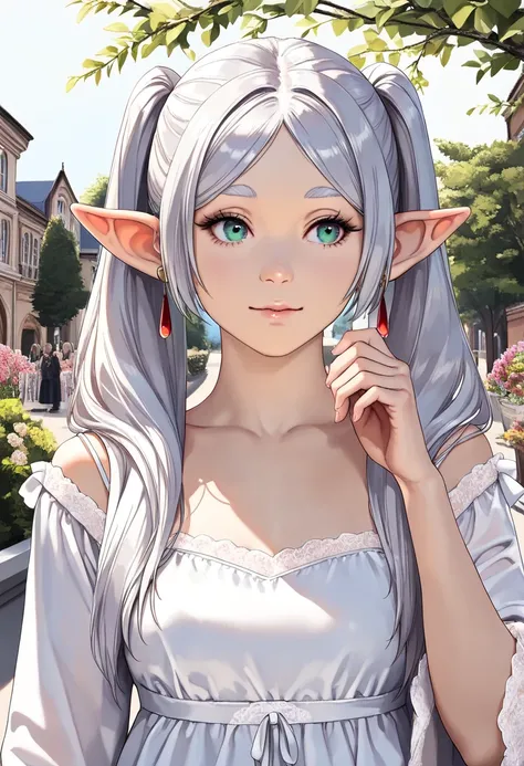 Frieren, (Race: Elf, Long pointed ears), looking far away, old european streets, fantastic, A girl in a beautiful garden, detailed eyes, detailed lips, extremely detailed face and expression, long eyelashes, elegant dress, graceful pose, serene atmosphere,...