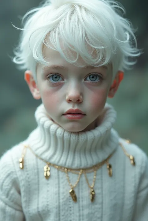 Boy with pale white skin , like the clouds,  his white hair and black eyes ,  wore a white sweater with touches of gold 