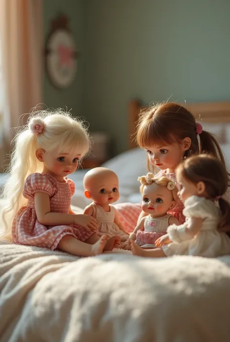 Pictures of several dolls playing on the mattress