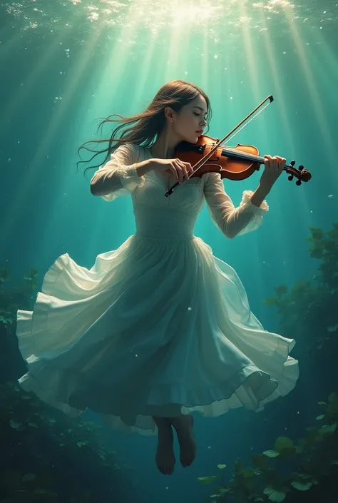 In the water　 women play 　Aside　turnado　 violin　Play 、。　In the water　Gracefully　The sound　Ring。 violin 　Tragic　sonata　The sound　Resonating 。　In the water　small fish　With pleasure、。　In the water　Algae 　The light 、。　 feel-good 。