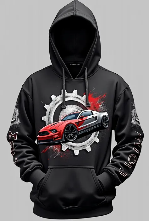 Create me a sweater with an automotive theme that is avercise and with a hoodie closure is for a school promo that has a design on the front and back