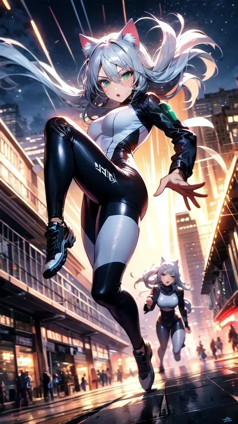 A beautiful girl with silver cat ears, green eyes, silver hair, long hair, black and white battle suit that fits her body perfectly, the background is the night city, the age is 14, dark night, sweat, steam from exhalation, dynamic angles, dynamic action p...