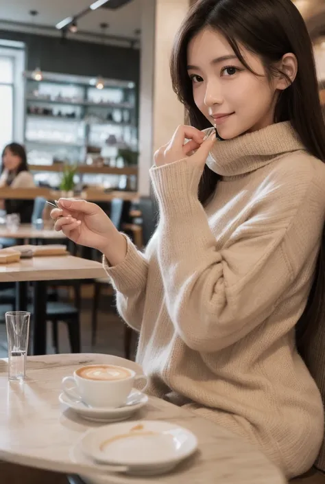  Inhaling Eyes , cute double ,  Mysterious Woman Drinking Coffee at a Cafe , Cafe latte, A floral and gentle perfume, small animals, Inward-curling long hair, Discerning Bangs , Freshly washed hair , First Date, Talented , Kind personality,  Extremely Deta...