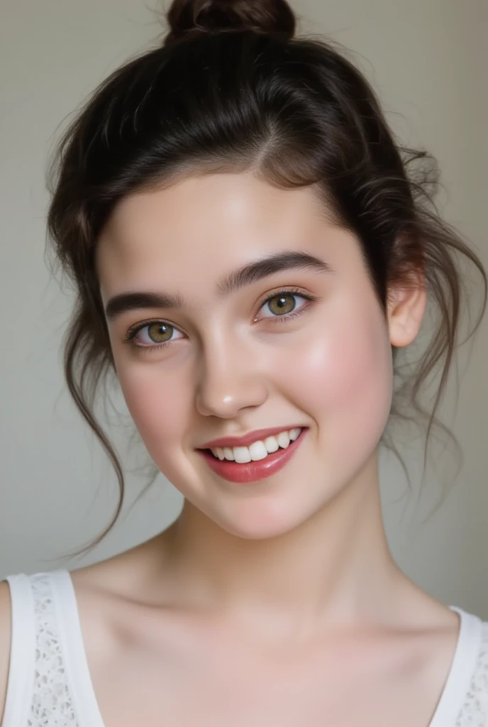 close up photo of her head, facing viewer ahead straight-on, from the top of head to her Collarbone within the frame., Jennifer Connelly, she is a beautiful girl at age 15., smiling, she has a smooth pale skin., short cut hair, Adorable dimples, she is smi...