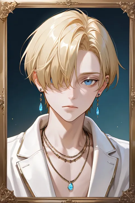 solo, looking at viewer, short hair, blue eyes, blonde hair,bishounen,skinny,lips,1boy, closed mouth, jewelry, upper body, male focus, earrings, necklace, hair over one eye,border, expressionless, white jacket, portrait, one eye covered,