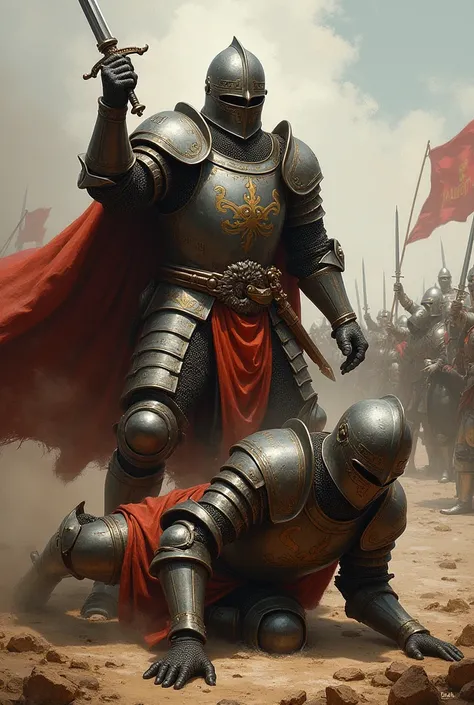 A picture of a medieval knight named MOGGER who defeats a knight named Zouhir and takes him to the ground and has the name Zouhir