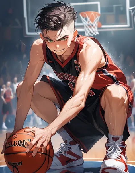 1boy, sweating, playing basketball, basketball uniform, short dark hair, buzzcut,green eyes, smirk, full body, cool pose