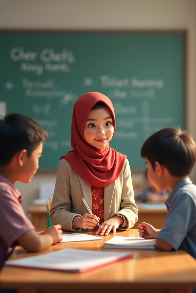 can u create ai image that show female malay teacher is teaching 3 students from 3 nation which is malay chinese and indian seat in the table together, make sure all student face can be seen, 