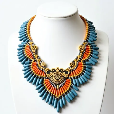 The image is of a statement necklace displayed on a white mannequin. The necklace is made up of small, colorful beads in shades of blue, orange, and yellow. The beads are arranged in a layered manner, with the largest bead at the bottom and the smallest at...