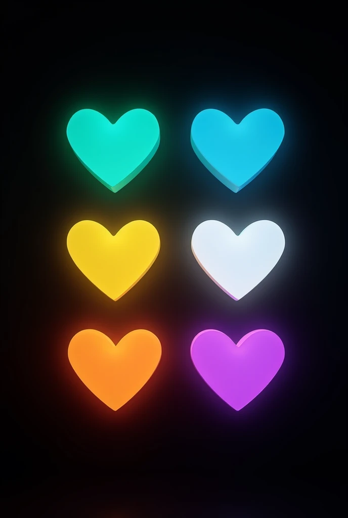 5 fluorescent teal hearts 5 yellow hearts 5 white white hearts and 5 purple purple hearts on a black background