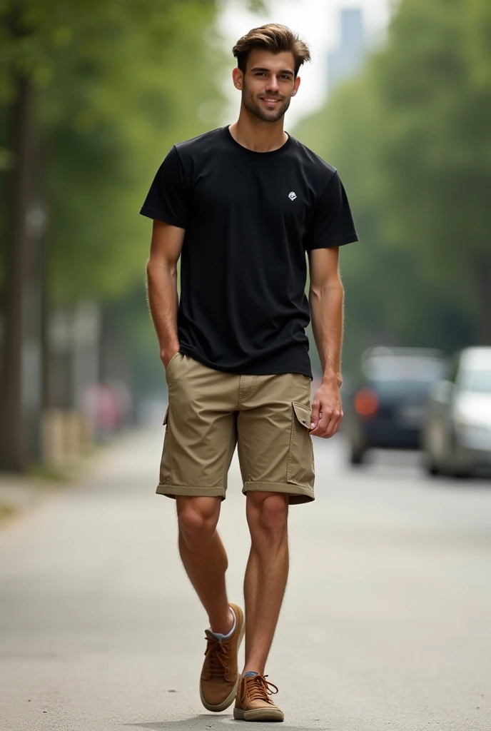 A person wearing shorts and a black t-shirt and brown sneakers 
