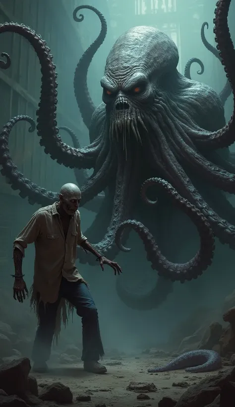 Give me image confrunt of scary zombi and octopus 