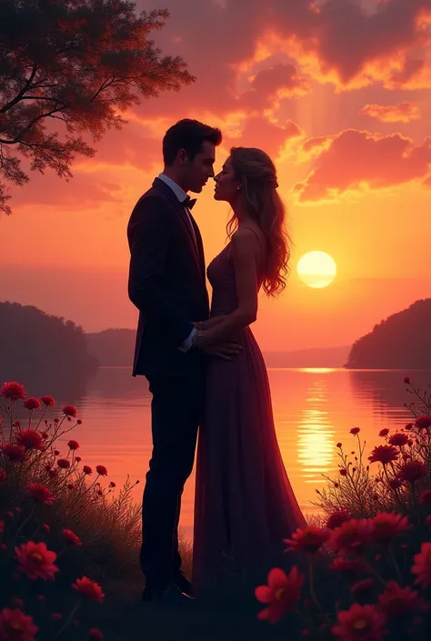 Create a couples standing in black in sunset near water and flower