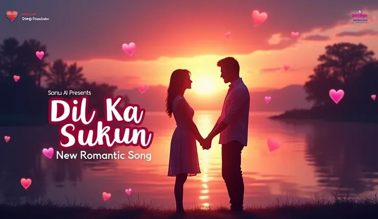 "A vibrant and eye-catching YouTube thumbnail for a romantic Hindi song. The background features a serene sunset with shades of orange, pink, and purple, and a silhouette of a couple holding hands near a calm lake. Bold text in a modern and stylish font re...