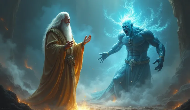 "The sage reciting verses with a glowing spiritual aura around him, as the genie begins to weaken and cry out in pain."