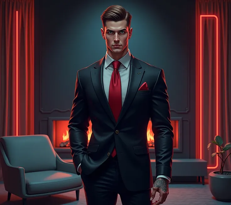 (( best quality)), (( masterpiece)), ( Detailed ),  Realistic illustration of a 28-year-old Russian boy ,  porcelain skin,  delicate features  , intense green eyes ,  brown hair ,  muscular and marked body ,  arm tattoos.  He wears a black suit and a red t...