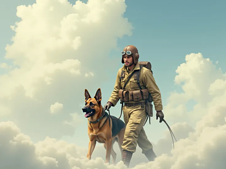 Create a soldier from World War II , wearing pilot clothing and with helmet and glasses from the time ,  walking in the clouds with a dog at his side of the German shepherd breed.