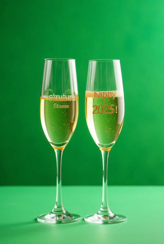 Two glass glasses with champagne, with gold details, toasting each other. It says "Strutura Fitness" on one glass, and on the other it says "Happy 2025!". The background is solid green.